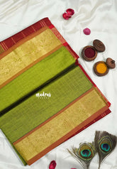 Bright Olive Green - Mookuthi Amman silk cotton muthukattam with mayil, yanai zari border - Best for Wedding Functions