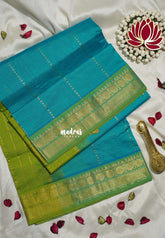 Turquoise Green - Mookuthi Amman Silk Cotton Velthari Stripes Buttas with Rudraksham Border Contrast Pallu and Blouse - Perfect for Wedding Functions