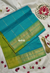 Turquoise Green - Mookuthi Amman Silk Cotton Velthari Stripes Buttas with Rudraksham Border Contrast Pallu and Blouse - Perfect for Wedding Functions