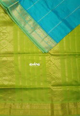 Turquoise Green - Mookuthi Amman Silk Cotton Velthari Stripes Buttas with Rudraksham Border Contrast Pallu and Blouse - Perfect for Wedding Functions