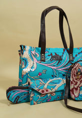 Punch blue - Jaipur prints cotton handbag / office bag set of 4 - MS7 Brand