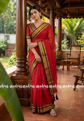 Tomato Red - Soft Mul cotton Plain Body with Mango Border - Perfect for Small Functions | summer wear | Casual wear