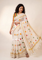 Ivory White - Soft Mul Cotton Saree Polka Dots with Madras Checks Blouse - Best for Summer | Casual Wear