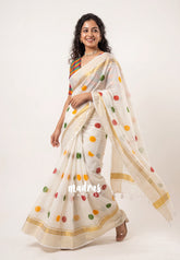Ivory White - Soft Mul Cotton Saree Polka Dots with Madras Checks Blouse - Best for Summer | Casual Wear