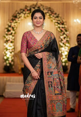 Nightfall Black - Sowbhagya – Precision Weaving Pure Mulberry Silk with Contrast Attractive Blouse - Perfect for Functions