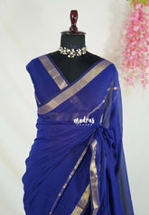 Navy Blue - Soft Mul Cotton Plain with Tissue Border - Perfect for Office Wear | summer wear | Casual wear