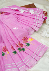 Baby pink - Soft Mul Cotton Saree with embroidery work and Gota Patti border without blouse