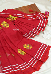 Red - Soft Mul Cotton Saree with embroidery work and Gota Patti border without blouse