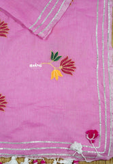 Baby pink - Soft Mul Cotton Saree with embroidery work and Gota Patti border without blouse