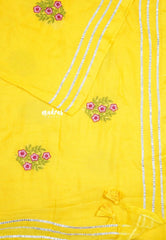 Yellow - Soft Mul Cotton Saree with floral embroidery work and Gota Patti border without blouse