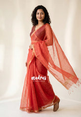 Classic Red - Handloom Pure Musliln Silk Saree with Sequence Weaving in the Body - With Silk Mark Certificate
