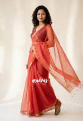 Classic Red - Handloom Pure Musliln Silk Saree with Sequence Weaving in the Body - With Silk Mark Certificate