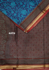 Soft Muslin cotton big florals with thread border - Peacock blue