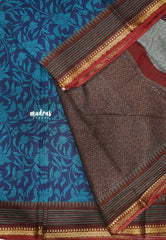 Soft Muslin cotton big florals with thread border - Peacock blue