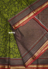 Soft Muslin cotton big florals with thread border - sap green