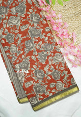 Soft Muslin cotton rose prints with tissue border - Brick red