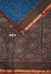 Soft Muslin cotton small florals with thread border - Peacock blue