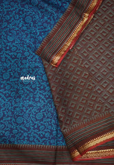 Soft Muslin cotton small florals with thread border - Peacock blue