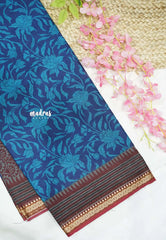 Soft Muslin cotton big florals with thread border - Peacock blue