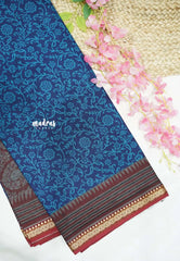 Soft Muslin cotton small florals with thread border - Peacock blue