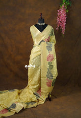 Pastel Lime Yellow - Muslin Silk with Full Flower Weaving - Perfect for Festive Wear