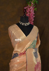 Muted Peach Orange - Muslin Silk with Full Flower Weaving - Perfect for Festive Wear