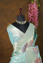 Muted Aqua Blue - Muslin Silk with Full Flower Weaving - Perfect for Festive Wear
