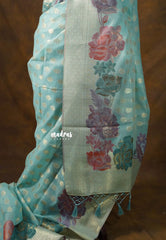 Muted Aqua Blue - Muslin Silk with Full Flower Weaving - Perfect for Festive Wear