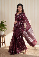 Wine Brown - Narayani - Semi Organza Silk with Buttas and Rettapet Border - Best for Small Functions