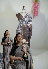 White & Coffee Brown - Maheswari - Premium Lightweight Cotton Silk with Small Border - Perfect for Festive Wear