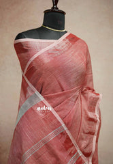Flamingo Red - Handwoven Natural Linen Saree with white grooves