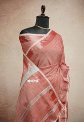 Flamingo Red - Handwoven Natural Linen Saree with white grooves