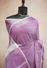 Nayanthara purple - Handwoven Natural Linen Saree with white grooves