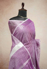 Nayanthara purple - Handwoven Natural Linen Saree with white grooves