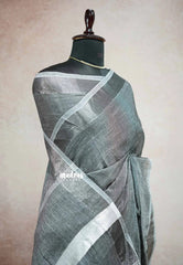 Grey - Handwoven Natural Linen Saree with white grooves