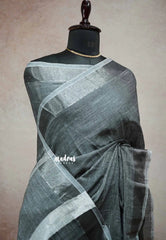 Grey - Handwoven Natural Linen Saree with white grooves