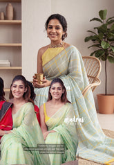 Misty Sage Green - Nayanthara Inspired Pragathi Linen Cotton Saree with Checks and Contrast Blouse - Perfect for Office Wear | Summer wear | Casual Wear