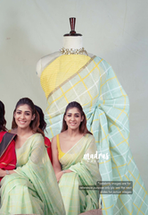 Misty Sage Green - Nayanthara Inspired Pragathi Linen Cotton Saree with Checks and Contrast Blouse - Perfect for Office Wear | Summer wear | Casual Wear