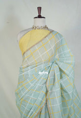 Misty Sage Green - Nayanthara Inspired Pragathi Linen Cotton Saree with Checks and Contrast Blouse - Perfect for Office Wear | Summer wear | Casual Wear