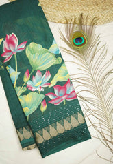 Nila - Sequence border printed silk with divine lotus prints - Green