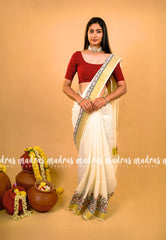 Smt Nirmala sitharaman inspired Madhubani Handpainted south cotton with raw silk blouse combo - Pearl white