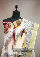 Smt Nirmala sitharaman inspired Madhubani Handpainted south cotton with raw silk blouse combo - Pearl white