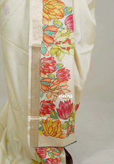 Creamy Ivory - Premium Vasundra Printed Silk Zari with Floral Print Border - Best for Casual Wear