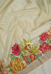 Creamy Ivory - Premium Vasundra Printed Silk Zari with Floral Print Border - Best for Casual Wear