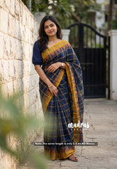 Dark Navy Blue - Classic Kanchi Chettinad Cotton Kandangi Big Checks with Temple Weaving Border without Blouse - Best for Temple Visit