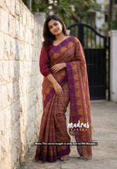 Dual Shade Mustard and Purple - Classic Kanchi Chettinad Cotton Kandangi Big Checks with Temple Weaving Border without Blouse - Best for Temple Visit