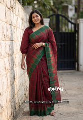 Reddish Maroon - Classic Kanchi Chettinad Cotton Kandangi Big Checks with Temple Weaving Border without Blouse - Best for Temple Visit
