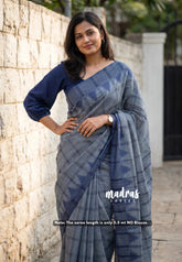 Bluish Grey - Classic Kanchi Chettinad Cotton Kandangi Big Checks with Temple Weaving Border without Blouse - Best for Temple Visit