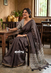 Muted Chocolate Brown - Linen Cotton Saree Plain Body with transcript blouse - Best for Office Wear | Casual Wear