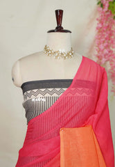 (PRE-BOOKING) Strawberry Orange Popsicle - Linen Cotton Saree with Gradient Ombre tone with Stripes Pallu and Blouse - Perfect for Office Wear | Summer wear | Casual Wear